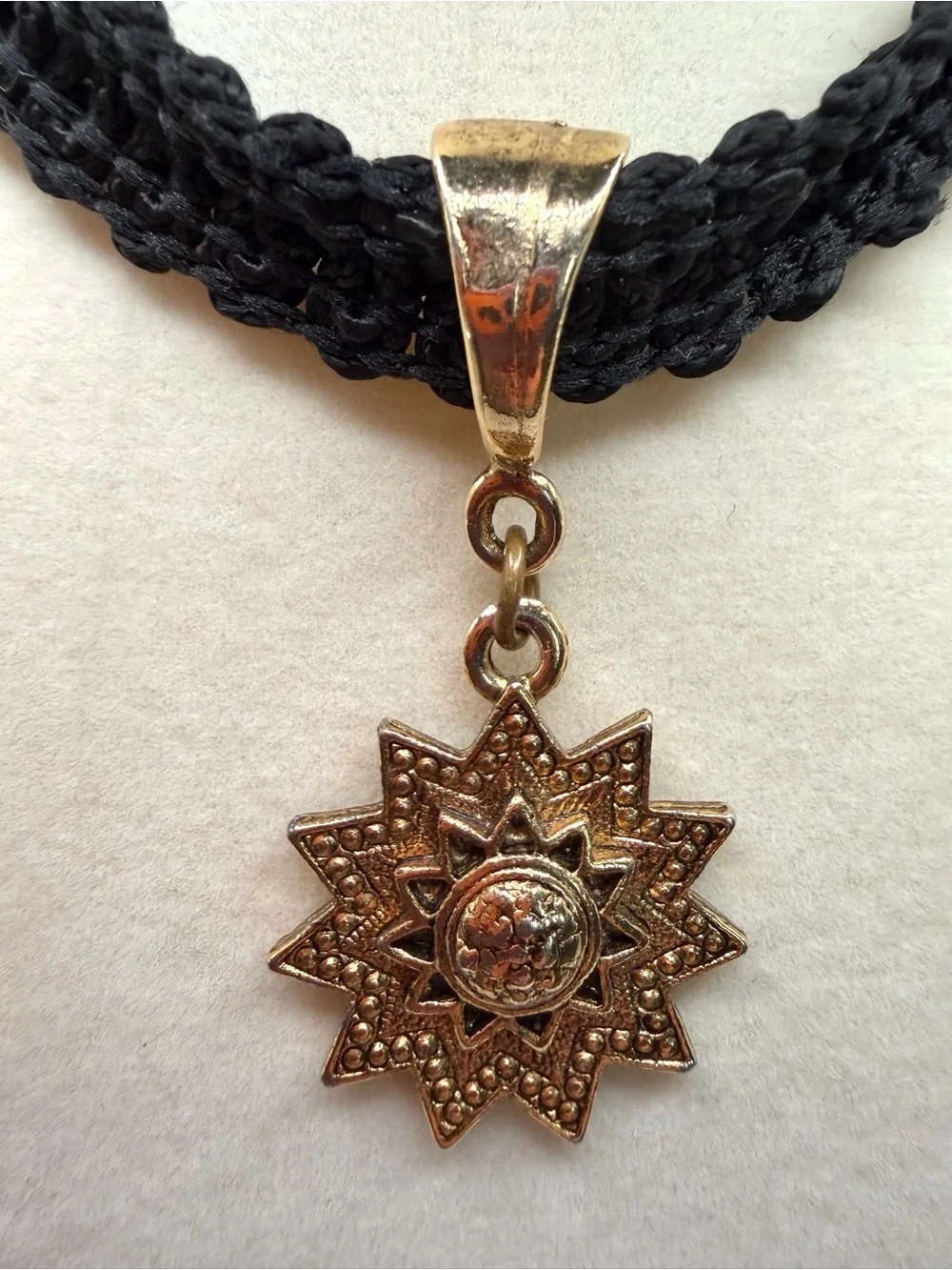Whimsigoth Gold Sunburst Pendant Necklace with Black Braided Nylon Cord